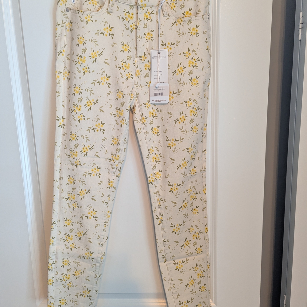 Judy Blue Cream Pants with Yellow Floral Design